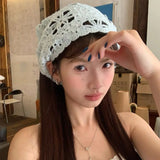 Daiiibabyyy  Pastoral Style Handmade Knitted Headscarf Hat Triangle Sunshade Crochet Headband Hollowed Flower Headscarf Beach Photography