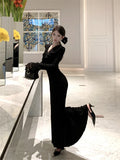 Daiiibabyyy  Black Long Sleeve Chic Ruffled Lace V-Neck Evening Gown Women Elegant Luxury Mermaid Dress Autumn Winter New French Dresses