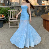 Daiiibabyyy  French Blue Floral Print Halter Dress Women Summer Beach Vacation Slimming Pure Desire Fish Tail Wrap Long Skirt Casual Gown