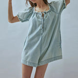 Daiiibabyyy  Casual Bubble Sleeve Solid Color Short Romper Women Fashion Lace-Up Hollow Summer Playsuit Fashion Square Collar Denim Jumpsuit