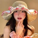 Daiiibabyyy  Women's Cute Sun Hat  Little Cherry Lace Trimmed Straw Hat Girl Summer Beach Vacation Sun Hat Sunshade Kawaii Sun Protection Hat