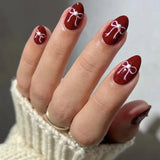 Daiiibabyyy  White Glitter Powder Bowknot Long Pointed Fake Nails Art Ballet False Nail Cow Print Pearl Rhinestone Pink Almond Press on Nails