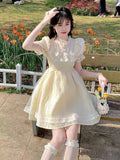Daiiibabyyy  Spring and Summer French Sweet Bow Lace Embroidered Short Slimming High-Waist Princess Dress for Women