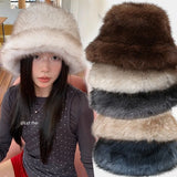Daiiibabyyy  Winter Faux Fox Fur Bucket Hat Thickened Plus Size Fisherman Hat High Quality Cold-proof Warm Female Ear Protection Women Caps