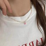 Daiiibabyyy  Korea Silver Color Acrylic Beads Pearl Strand Choker Necklaces for Women Pink Color Enamel Love Heart Pendant Necklace