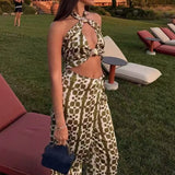Daiiibabyyy  Women Elegant Sleeveless Hight Waist Party Romper Fashion Pattern Print Slim Playsuit Sexy Halter Neck Hollow Out Long Jumpsuit