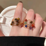 Daiiibabyyy  Retro Colored Seven Chakra Beads Tiger Eye Stone Planet Ring Women Girls Personalized Index Finger Ring Jewelry