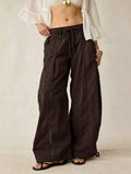 Daiiibabyyy  Women Vintage Loose Wide Leg Cargo Pants Elastic Waist Drawstring Big Pocket Long Trousers Spring Autumn Street Casual Pants