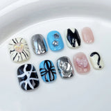 Daiiibabyyy 10PCS Blue Press on Nails Short Round Fake Nails with Glue Y2k Sweet Cool Cute False Nails with Designs Y2k Metal Handmade Nails