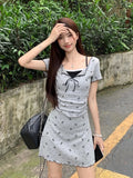 Daiiibabyyy  Korean Floral Sweet Dress Women Lace Patchwork Slim Mini Dress Casual Fashion Preppy Style Short Sleeve Female Cute Dress