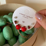 Daiiibabyyy  Cute Lovely 3 Pairs/Set Red Enamel CZ Cubic Zirconia Heart Apple Simulation Fruit Stud Earrings for Women Casual Jewelry