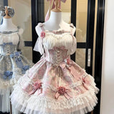 DAIIIBABYYY  -  Japan Lolita Sweet Girl Pink Blue Jacquard Fabric Off-The-Shoulder Dress Female High Waist Lace-Up Bow Above Knee Princess Dress