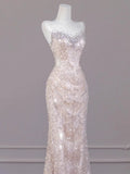Daiiibabyyy  Sexy Champagne Sequins Prom Dresses Sweetheart Strapless Open Back Evening Party Dress Mermaid Sleeveless Formal Occasion Dress