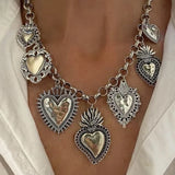 DAIIIBABYYY  -  Vintage Multiple Sacred Heart Pendant Necklaces With Silver Chain Personality Women's Party Birthday Jewelry