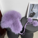 Daiiibabyyy  Plush Pom Pom Laced Up Bomber Hats Women Winter Warm Imitation Mink Ear Pilot Hat Cute Tail Hanging Ball Tether Snow Ski Beanies