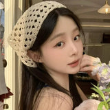 Daiiibabyyy  Knitted Hollow Out Triangle Hair Scarf Headband Women Girls Knitted Flower Headbands Summer Travel Literary Photo Headwear
