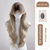 Daiiibabyyy  Asian Beauty Gradient Color Long Curl Wig Women's Middle Part Milk Tea Grey Golden Top Dyeing Atmosphere Full Head Cover