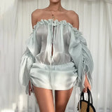 DAIIIBABYYY  -  Sexy Slash Neck Ruffles Super Mini Dress Strapless Hollow Backless Sheer Shirt Fashion Off Shoulder Ballet Blue Black Blouse