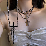Daiiibabyyy  Multi Layer Dark Cross Leather Necklace Cross Punk Women Necklace Collarbone Chain Accessory New Jewelry Collection Gift ﻿