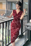 DAIIIBABYYY  -  Chinese Style Elastic Velvet Printed Evening Dress Women's Spring/summer Pure Sexy V-neck Slim Dress Fashion Female Clothes