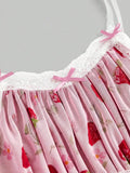 Daiiibabyyy  Pink Strawberry Floral Sheer Mermaid Dress With Lace Trim And Thin Straps For Spring Summer