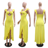 DAIIIBABYYY  -  Sexy Dresses Yellow for Women 2025 Summer New Square Neck Sleeveless Front Split Ruffles Ankle Length Elegant Birthday Dress Hot