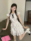 DAIIIBABYYY  -  Sweet Chic Bow White Dress Women Slim Fashion Flying Sleeve Cute Mini Dress Casual O Neck Female Elegant Lace A Line Dress