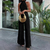 Daiiibabyyy  High Street Halter Backless Blouse&Wide Leg Pants Set Summer Elegant Two Piece Party Club Suit 2025 Chic Folds Female Outfit