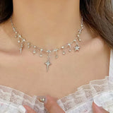 Daiiibabyyy Goth Harajuku Crystal Cross Star Tassel Pendant Necklace For Women Fashion Aesthetic Charm Aesthetic Y2k EMO Jewelry Accessories