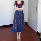 Daiiibabyyy  women's blue bubble sleeve floral dress women's summer sweet pinched waist floral  long dress