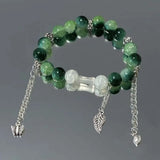 Daiiibabyyy  Chinese Style Green Beaded Bracelets for Women Men Vintage Silver Color Metal Butterfly Leaf Tassel Bracelet Jewelry Accessories