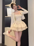 Daiiibabyyy  Elegant Princess Polka Dot Puff Dress Women Bow Strap Birthday Party Dresses Girls Sweet Ruched Design Slim Fit Outfits New