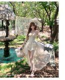 Daiiibabyyy  Summer French Elegant Fashion Mini Tube Top Dress Women's Elastic Waist Backless Sexy Tulle Boned Dress High-end Evening Gown