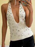 Daiiibabyyy  Women s V-Neck Sleeveless Blouse Summer White Open Back Lace Trim Tank Tops with Adjustable Straps and Ruffles