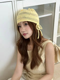 Daiiibabyyy  Ins Cute Bow Strap Knitted Beanies Cap Y2K Spring and Autumn Travel Thin Breathable Versatile Casual Sweet Woman's Hats