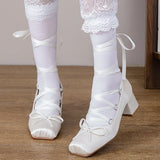 DAIIIBABYYY  -  Sweet Lolita Ballet Style Pumps Women's Big Size 43 Pink High Heels Shoes Ribbon Cross Lace-up Mary Jane Shoes
