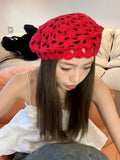 Daiiibabyyy  Red Knitted Hollow Handmade Crochet Beret Women Spring Autumn Thin Big Head Showing Face Small Versatile Painter Hat