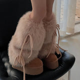 Daiiibabyyy  Punk Bow Tie Faux Rabbit Fur Leg Warmers Winter Warm Thickened Plush Leggings Socks Cold Protective Y2kBoot Cover  Socks