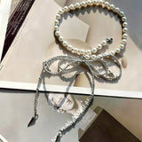 Daiiibabyyy  Beaded Bow Imitation Pearl Strap Necklace Rivets Tassels Round Beads Punk Street Hip-Hop Choker Necklace Design Sense Jewelry