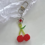 Daiiibabyyy  Handmade Red Bead Keychain Colorful Cute Exquisite Fruit Flower Bag Mobile Phone Pendant Fashion Purse Headphone Bag Accessories