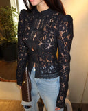 Daiiibabyyy  Lace Blouse Crochet Slim Fit Blouse Stand Collar Elegant Commuter Shirt Cute Feminine Breathable Button Down Stylish Shirt