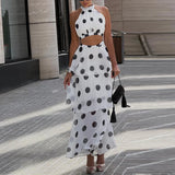 Daiiibabyyy  Women Elegant Luxury Slim 2Pc Suits Polka Dot Print Holiday Skirt Outfits Sexy Halter Sleeveless Top & Layered Ruffle Skirt Set