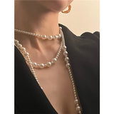 Daiiibabyyy Vintage Long Pearl Necklace for Women Elegant Artificial Simulated Pearls Dress Necklaces Sweater Chain Wedding Party Jewelry
