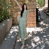 Daiiibabyyy  Green Floral Print Maxi Dress Summer Beach Vacation Essential Beautiful V-Neck Sleeveless High Waist A- Line Dress