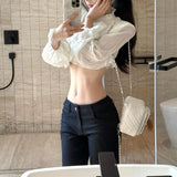 Daiiibabyyy  Spring White Lace Spliced Crop Shirt Women Stand Collar Long Sleeve Standard Shoulder Slim Casual Streetwear Tops