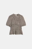 Daiiibabyyy  Women Chic Full Sleeve Stand Collar Plaid Shirts Stylish Folds Spliced Sweet Lantern Sleeve Blouse Slim-fit Commuter Pullover