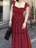 Daiiibabyyy  French dress spring new waist square collar design thin backless long floral  maxi dresses for women