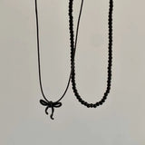 Daiiibabyyy  Korean Black Bowknot Pendant Necklace for Women Elegant Beaded  Clavicle Chain Necklace Wedding Y2k Jewelry Accessories