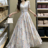 Daiiibabyyy  Summer new long dress waist flower new film dress summer short sleeve French lace heavy industry lining