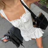 Daiiibabyyy  Sexy White Emboridery Flower Bow Ruched Chest Elastic Strap Mini Tank Dress Low Waist Spliced Folded Swing Women Sleeveless Robe
